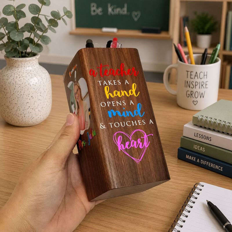 Wooden Pen Holder With Clock